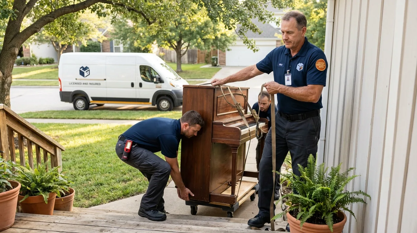 Licensed piano movers securing grand piano in Pequot Lakes, MN