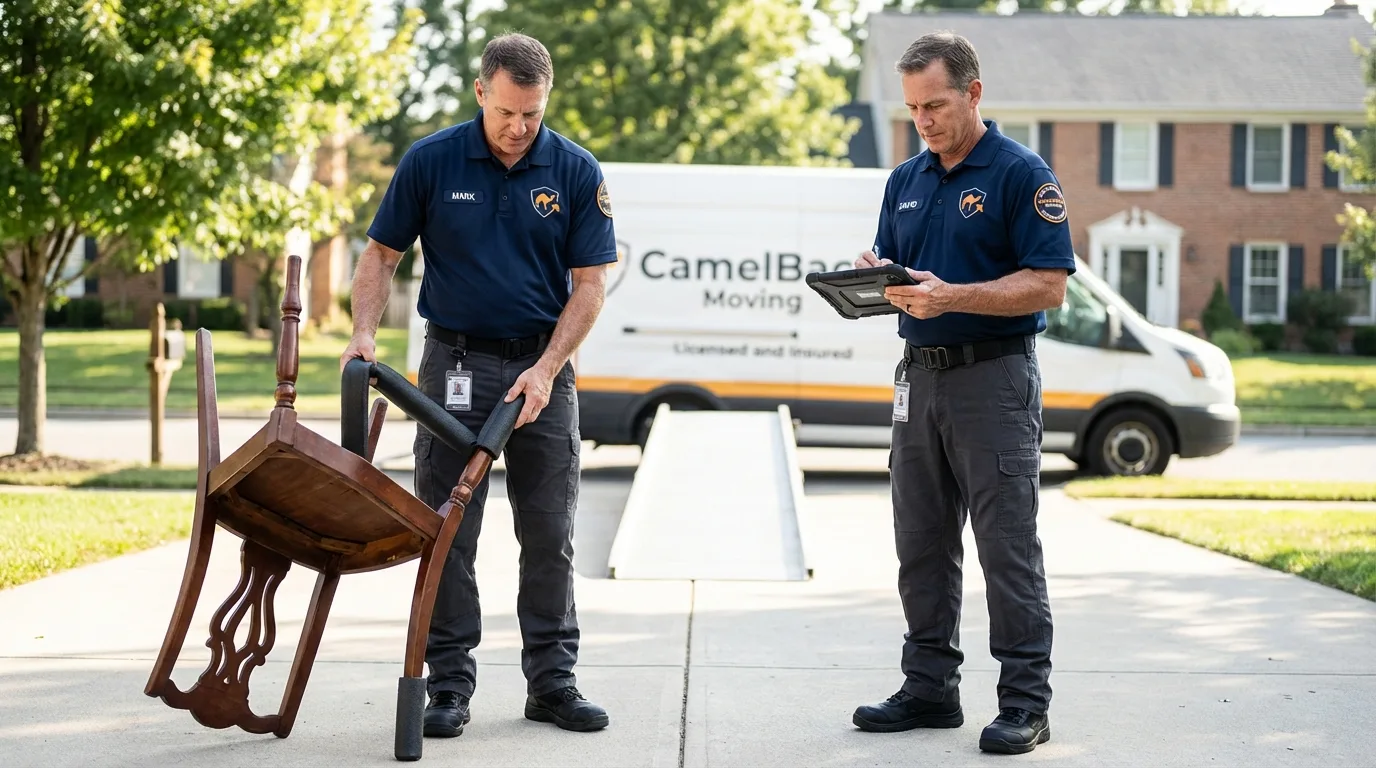 Movers inspecting furniture for damage prevention before loading in Pequot Lakes, MN