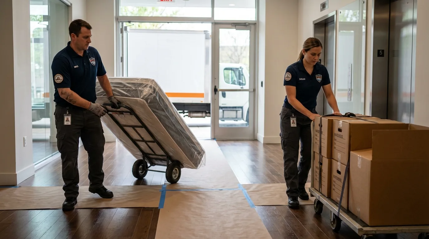 Professional apartment movers loading elevator in Pequot Lakes, MN
