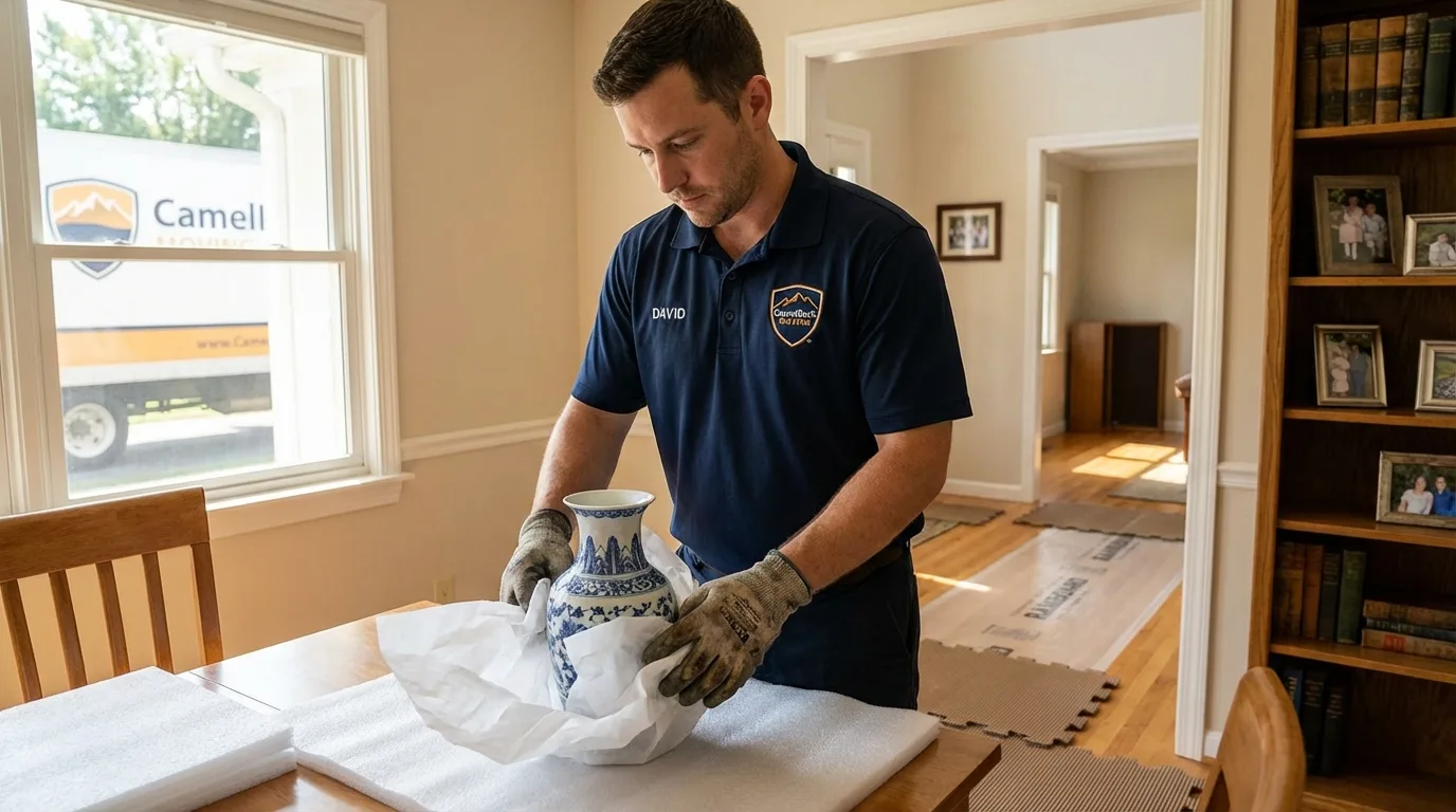 Professional crew carefully wrapping antique vase for senior downsizing move in Pequot Lakes, MN